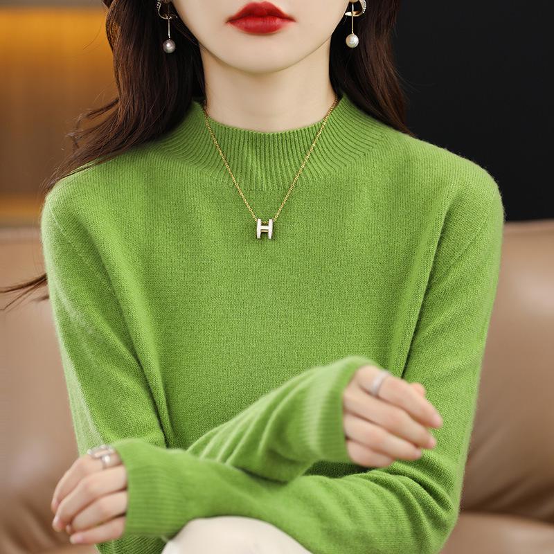 Women's Slim-Fit High Neck Wool Sweater - Autumn/Winter 2023 Collection, Solid Color, Base Layer