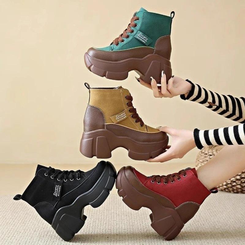 Spring Autumn Fashion Short Boots for Women Round Toe Lace-up Sports Platform Casual Shoes Wedge Heel Heightening Women Boots