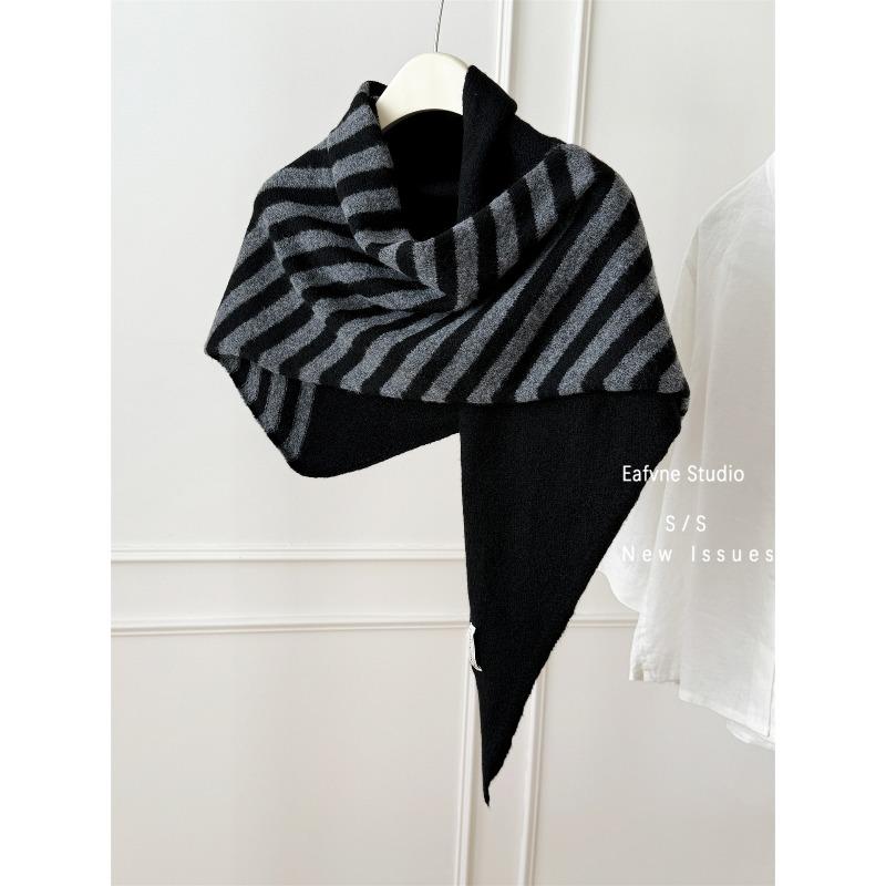 Colorblock Striped Simple Knitted Large Triangle Shawl for Women Versatile Spring and Autumn Neck Protector  Warm Neck Scarf Outer Wear