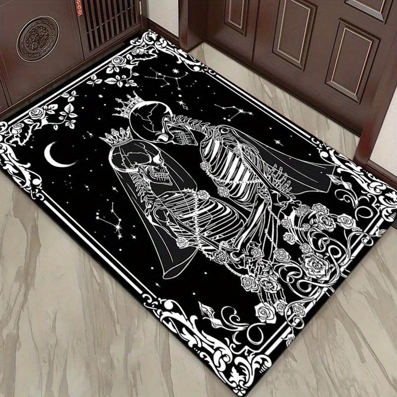 Romantic Skeleton CoupleRug forGothic WeddingDecorBlack and White Skull CarpetDark RomanceAnti slip carpet can be machine washed