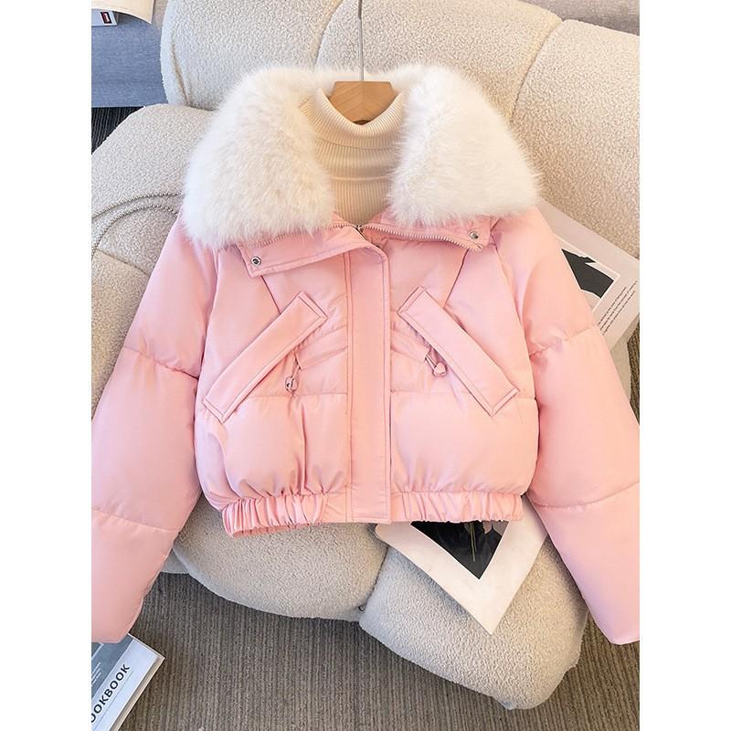 Womens Short Puffer Jacket With Detachable Faux Fur Collar Winter Warm Cotton-Padded Coat Loose Fit Small Stature