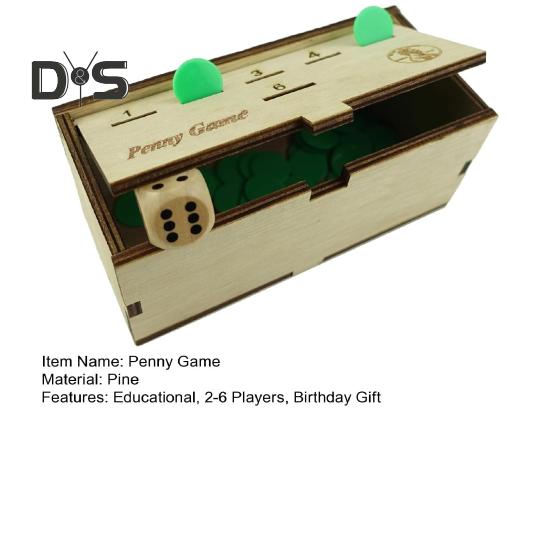 Penny Game with Pine Wood Box Dice Green Coin 2-6 Players Competitive Kids Adults Family Strategy Toss Board Game Birthday Christmas Gift