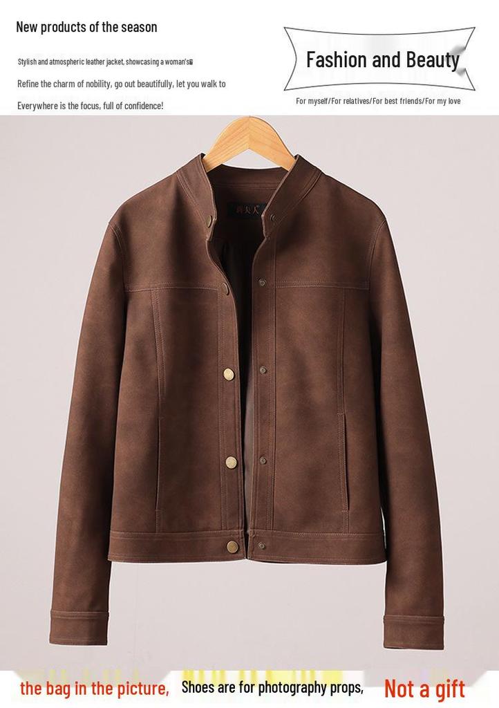 Women's Retro Suede Stand Collar Motorcycle Leather Jacket - Slim Fit, Genuine Leather, 2025 Edition