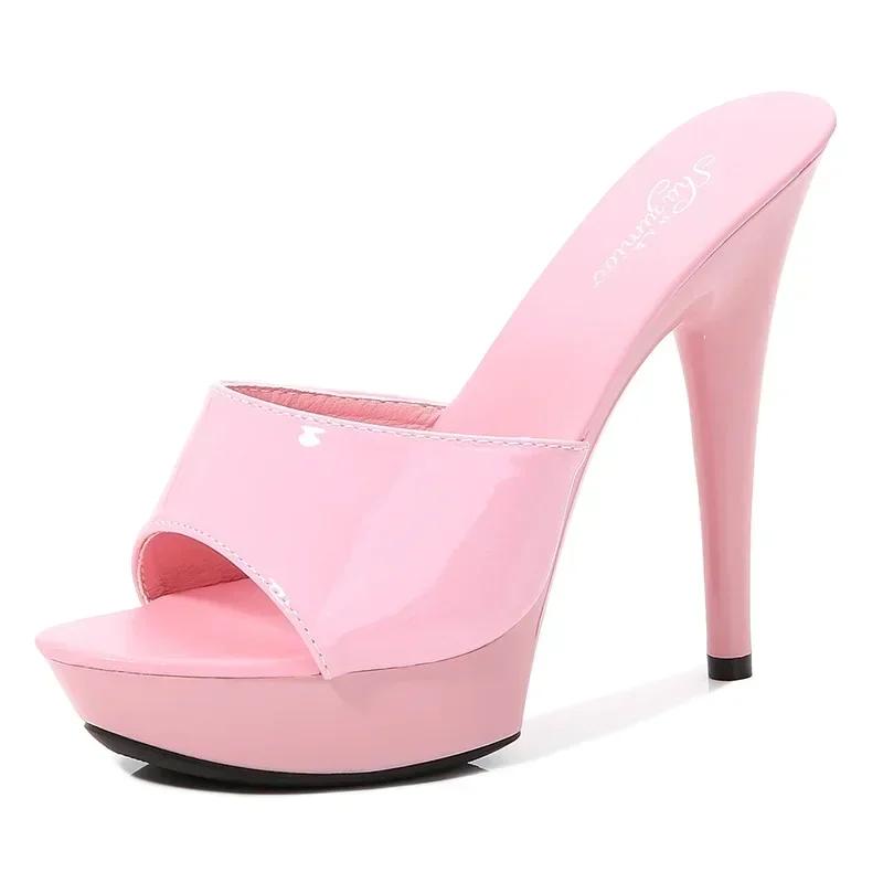 Fashion Patent Leather Mules Women Slippers Sandals Sexy Party Shoes Luxury Comfortable Summer Fashion 13cm