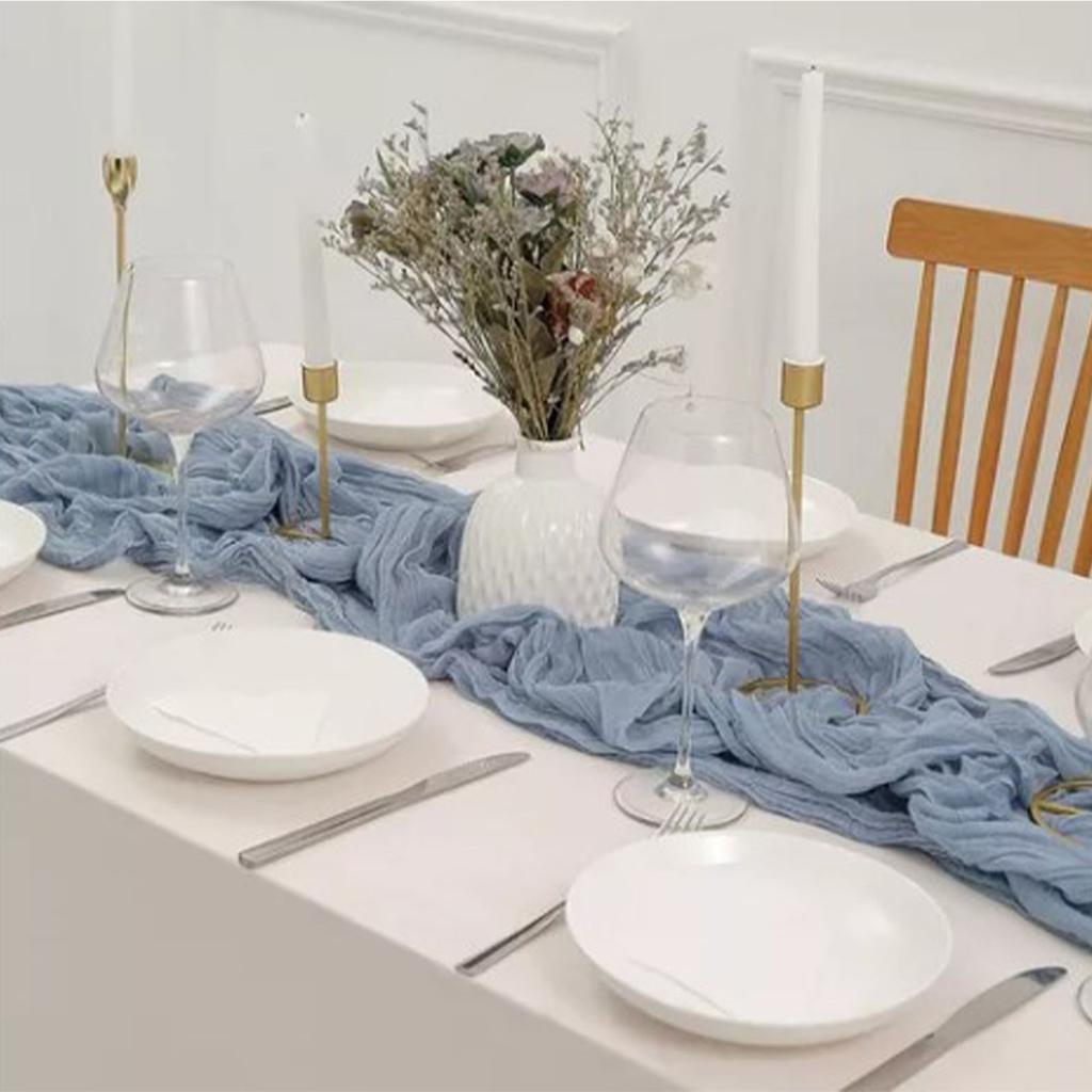 Bohemian Style Table Runner Blue Polyester Table Cloth Gauze for Wedding Candlelight Dinner