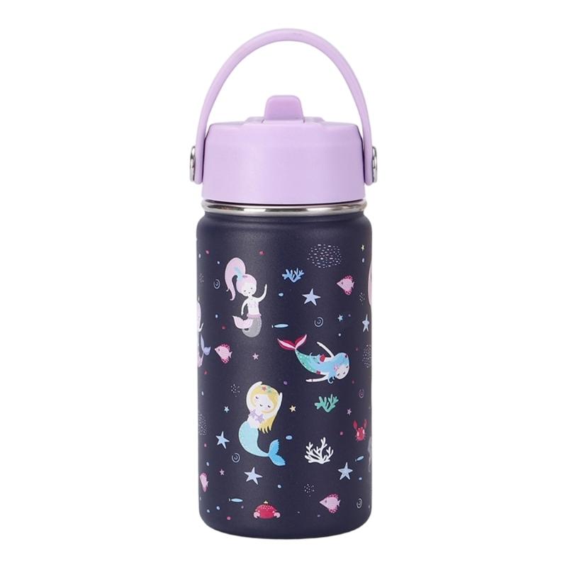 Wide Mouth Thermal Stainless Steel Water Cup Cartoon Handle Straw Tumblers Water Bottle for Outdoors