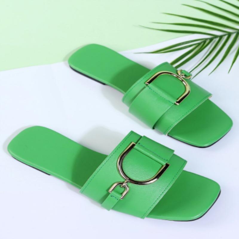New Color Large Size Square Head Metal Buckle Fluorescent Color Flat Bottom Slippers Women's Shoes Fashion Color