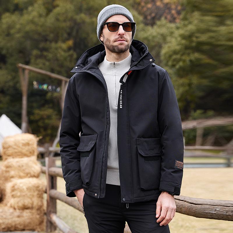 Outdoor Men's New Winter White Duck Down Jacket Versatile Men's Youth Thickened Cargo Hooded Jacket