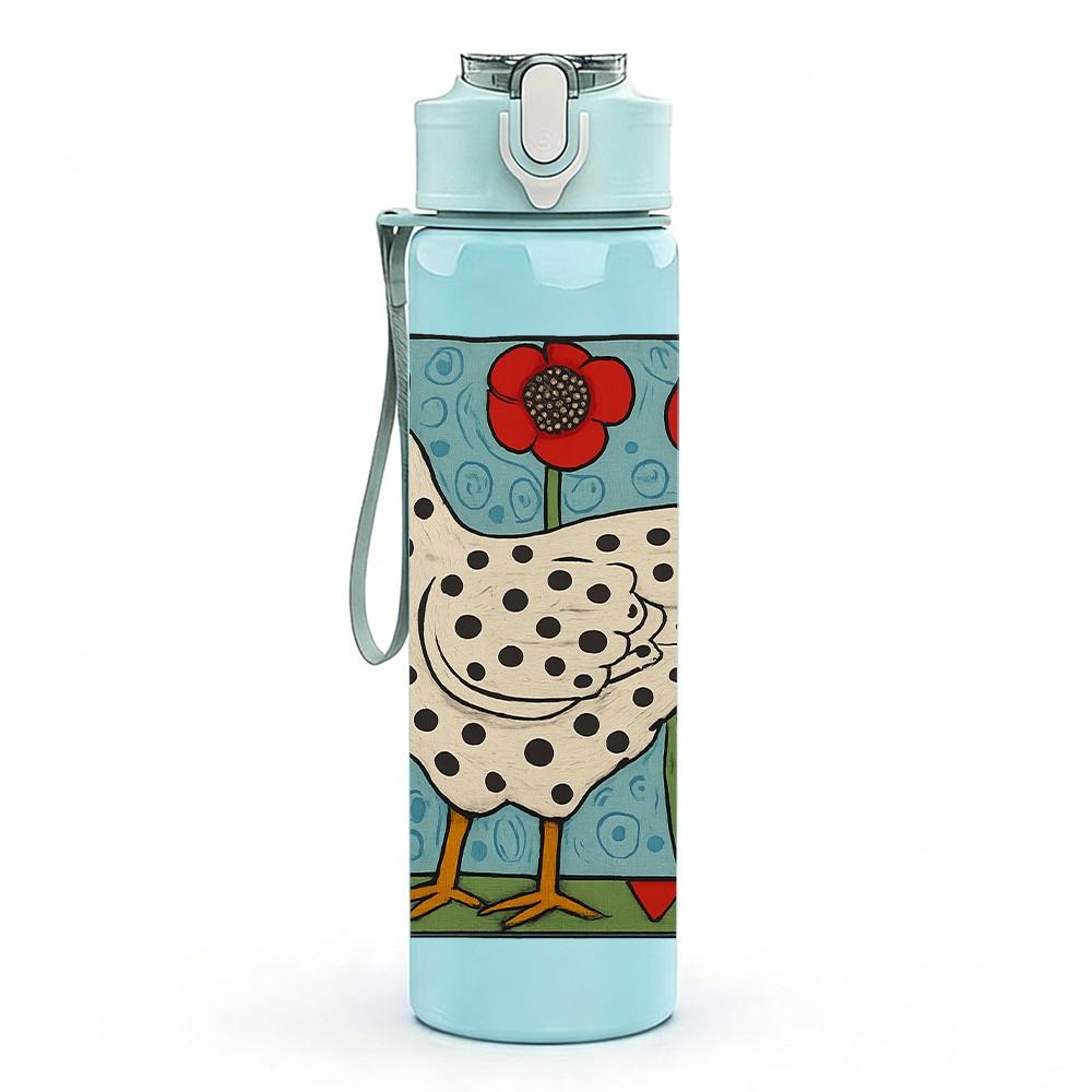 1PC Spotted Hen Red Flower Print 750ml Color Plastic Sports Water Bottle Leakproof Flip Straw Lid For Sports Office Home Use