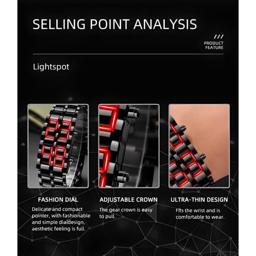 Fashionable Full Metal Digital Mule Watch for Men with LED Display, Perfect for Sports and Creative Gifts, Black and Red.