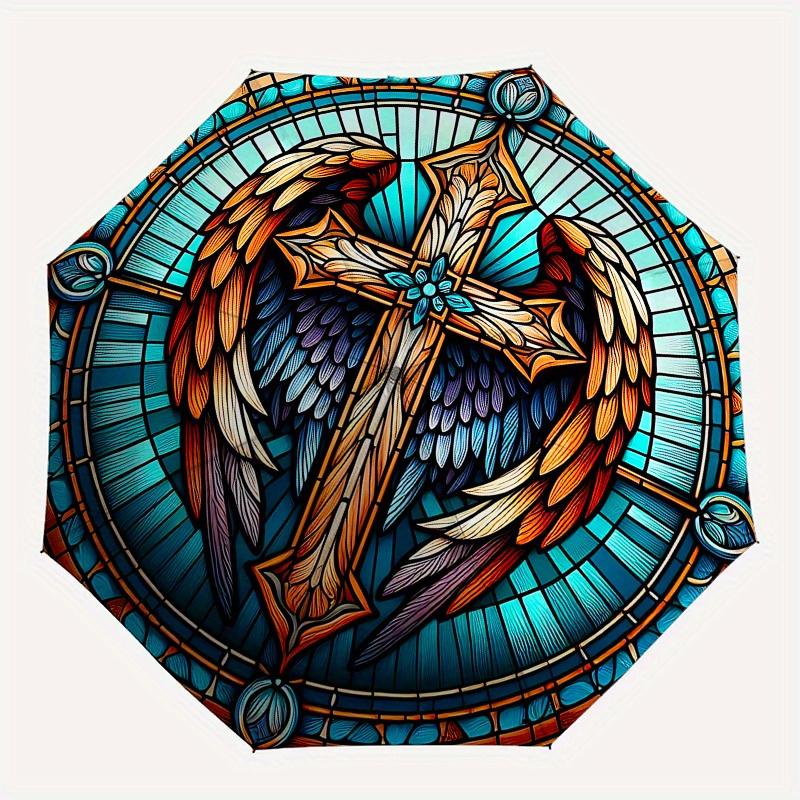 Stained Angel Cross Artwork: Spiritual Window DecorUmbrella, Portable 3-Fold Compact Umbrella for Men & Women Gift