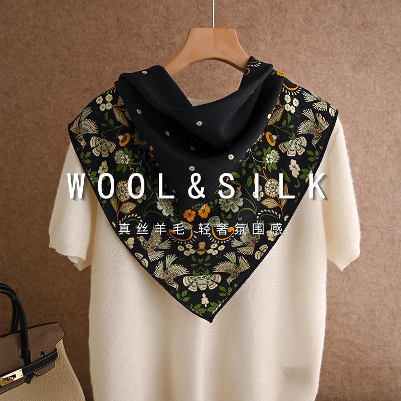 Retro elegant black background floral silk wool silk scarf double-sided printing hand-curled edge temperament silk shawl scarf