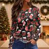 Women's Christmas Print Long Sleeve Top with Round Neck and Side Slit