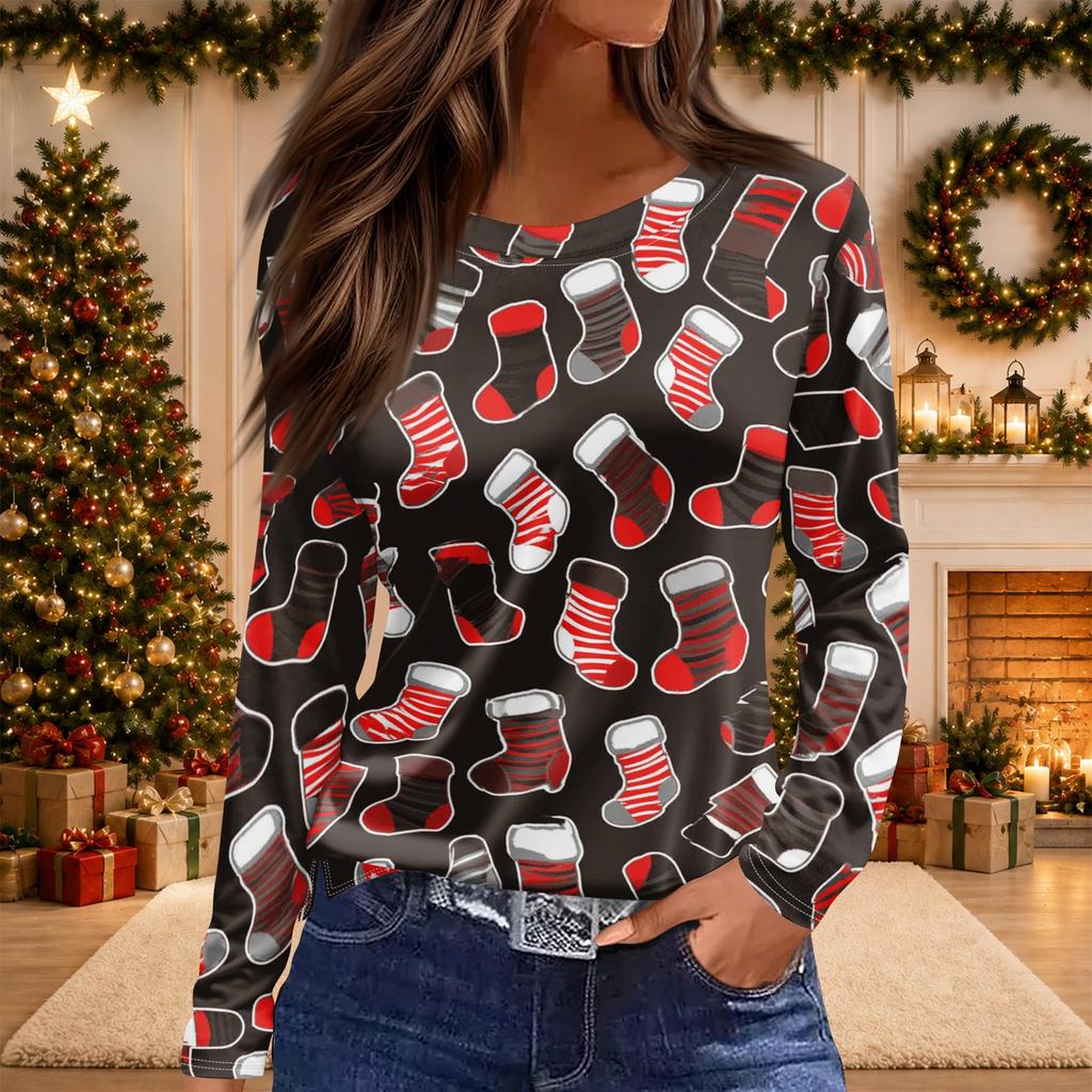 Women's Christmas Print Long Sleeve Top with Round Neck and Side Slit