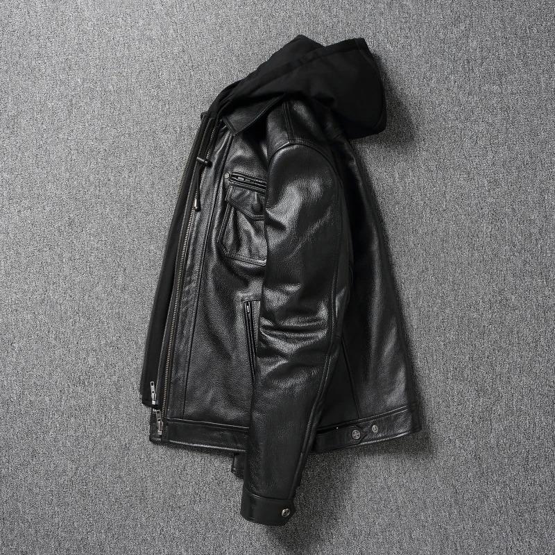 Chinese Size Removable Hooded Leather Jacket Men Genuine Cowhide Leather Coat Slim Biker Clothing Mens Coat Winter Veste Cuire Homme