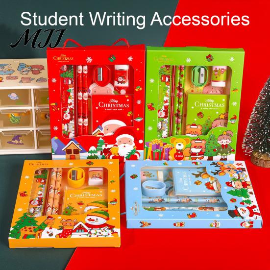 Cute Stationery for School 6PCS Christmas Set, Include Pencils Ruler Sharpener Eraser Pencil Case Gift Sets And Notepad, Cartoon Patterns Print