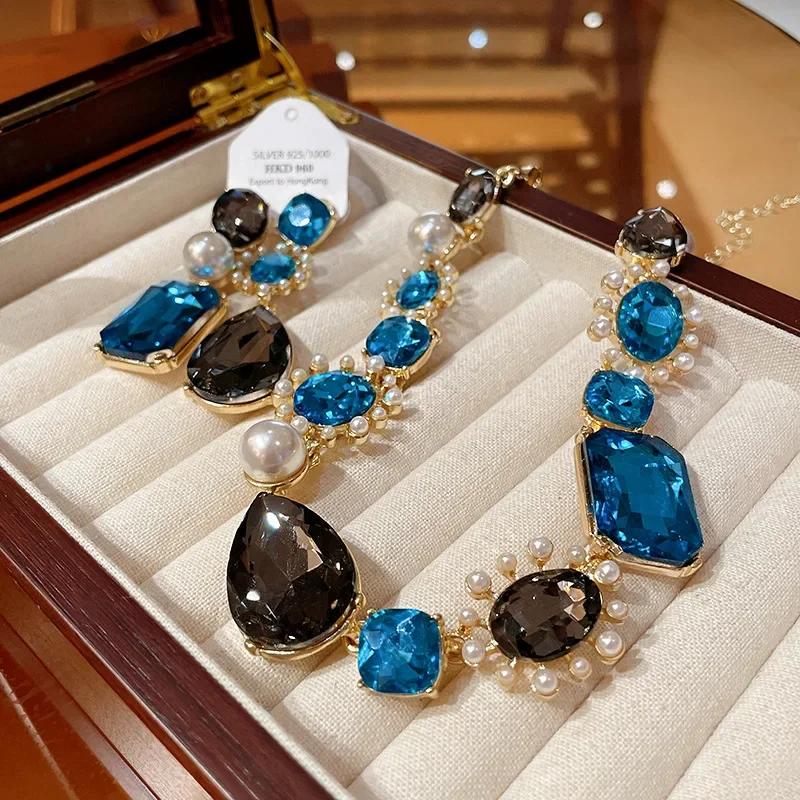 French Jewelry Set for Women Water Drop Rhinestone Simulation Pearl Necklace Wedding Accessories