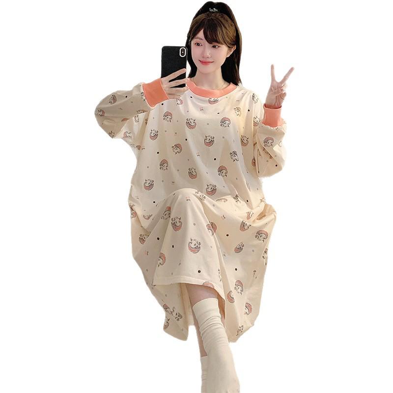 Nachthemd aus reiner Baumwolle in Übergröße mit Cartoon-Motiv (250 Jin) - Langärmliges, mittellanges Oberteil für Frühling/Herbst, geeignet für Zuhause oder als Freizeitkleidung für draußen