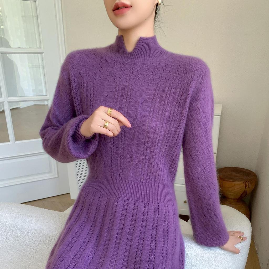 Elegant Hip-Length Cashmere Sweater Dress - 2025 Autumn/Winter Collection, Women's Slimming Knit Pullover.