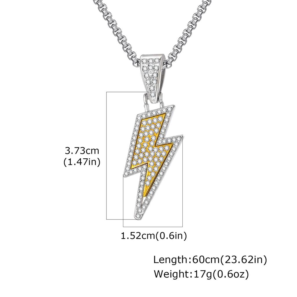 Hip Hop Shining Zircon Lightning Pendant Necklace for Men, Two-color Personality Pendant, Fashion Punk Rock Jewelry Gift