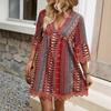 Vintage Print Kleid Damenmode Boho Sexy V-Ausschnitt Langarm Lose Kleider für Damen Sommerurlaub Vestidos Damen Kleidung Neu