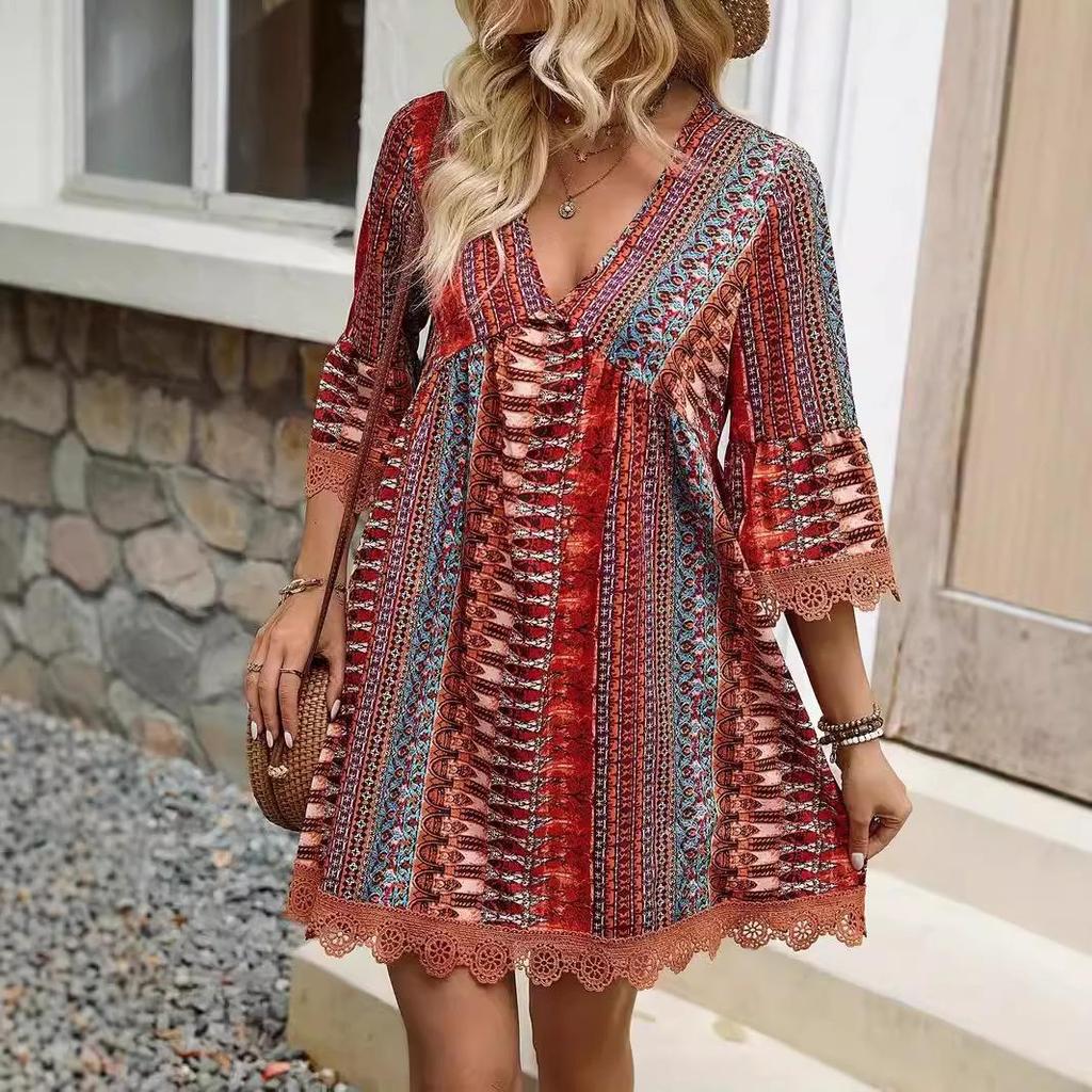 Abito con stampa vintage da donna, alla moda, stile boho, sexy, con scollo a V, a maniche lunghe, ampio, per le donne, abiti estivi per le vacanze, vestiti da donna, nuovi