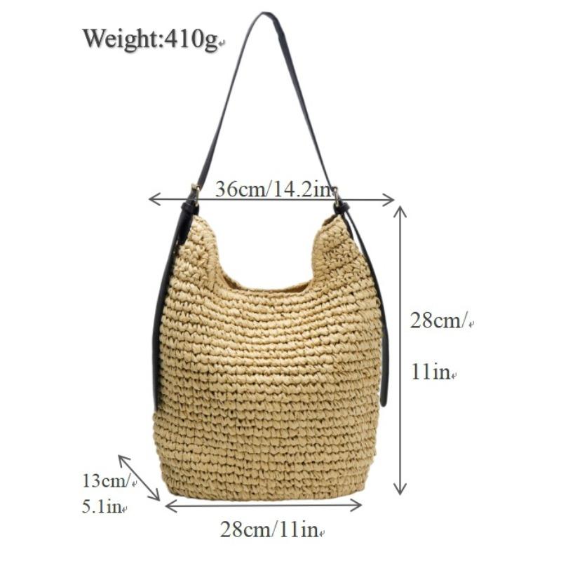 

New shoulder straw bag, high-end hand-woven bag, large-capacity seaside vacation beach tote bag Magnetic buckle (monofilament)