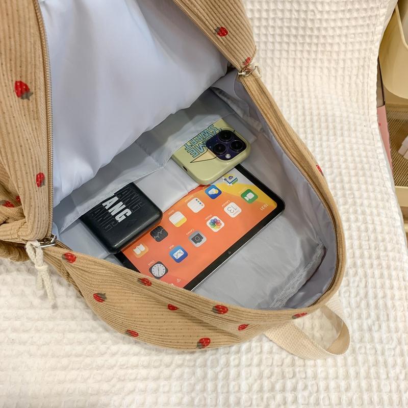 Cord-Rucksack mit Erdbeer-Print im College-Stil für Schüler, Schultasche mit großem Fassungsvermögen