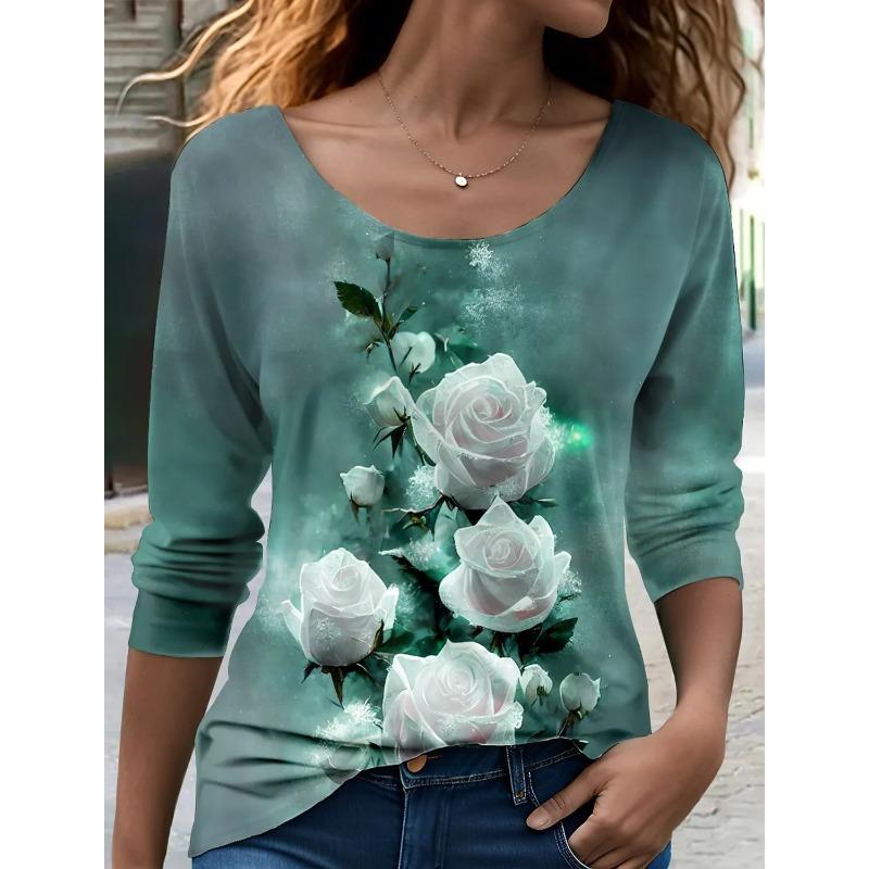 

Весенне-осенний топ с круглым вырезом, цветочным узором и 3D-принтом, модная повседневная женская футболка с длинным рукавом 5XL