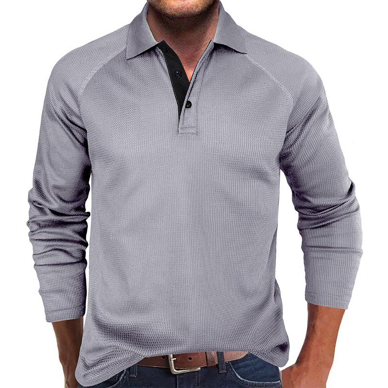 Mens Long Sleeve Turn Down Collar Waffle Polo Shirt Casual Daily Mens Top