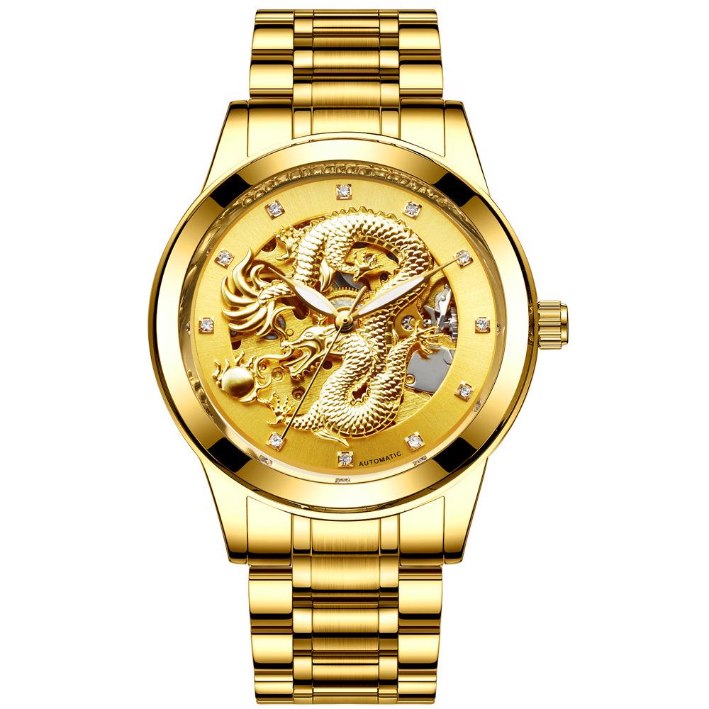 Modun Men's Gold Dragon Pattern Automatic Skeleton Watch with Genuine Leather Strap and Waterproof Multifunctionality
