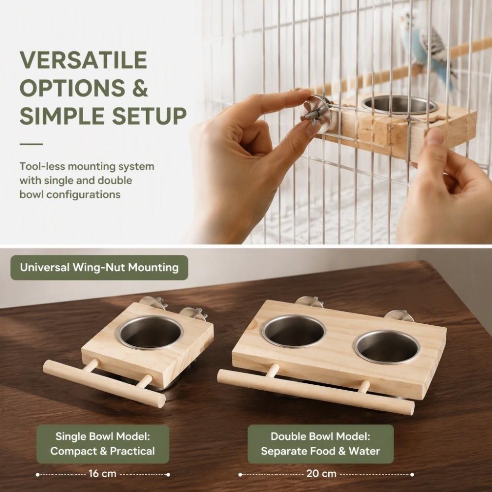 Double Bowl Bird Feeder Accessory Wooden Perch Stainless Steel Food Cup  For Parakeets