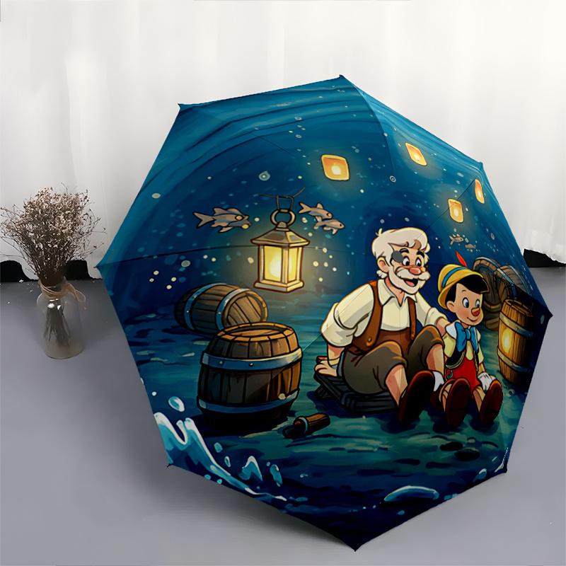 1pc Pinocchio and Grandpa in the Whale's Belly Pattern Automatic 3-Fold Umbrella, 8 Iron Frames, High-Value Folding Umbrella, Suitable for O