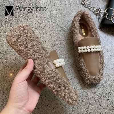 Mocassins plats femme en laine d'agneau perlé tendance, bout carré, hiver fourrure, chaussures pour femmes enceintes, ballerines perles, mocassins en laine de mouton bouclée