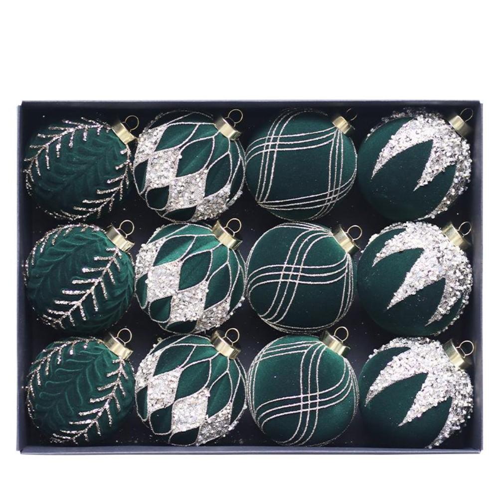 12PCS Plastic Christmas Ball Ornaments Set 8CM Diameter with Glitter Flocked Finish for Holiday Tree and Display