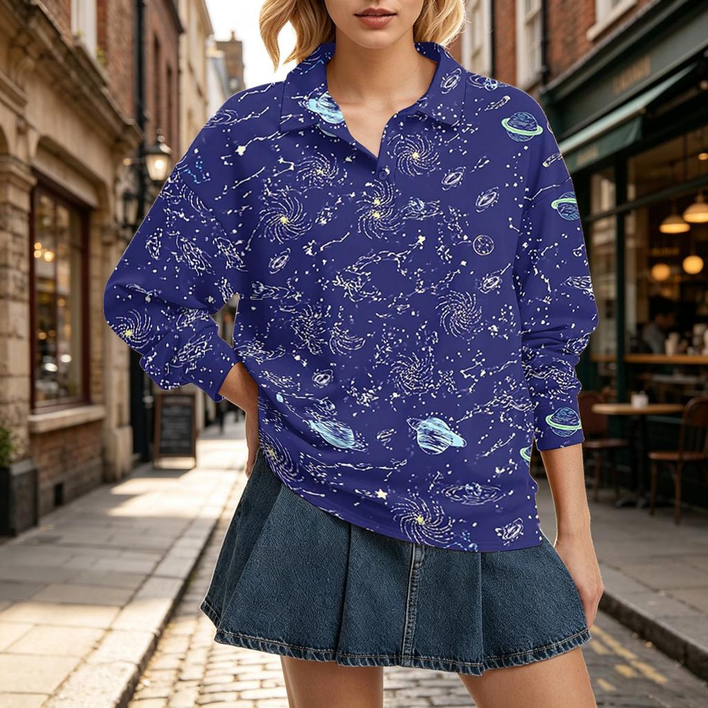 Women's Christmas Print Long Sleeve Top Casual Loose Fit Lapel Collar Blouse for Fall and Winter