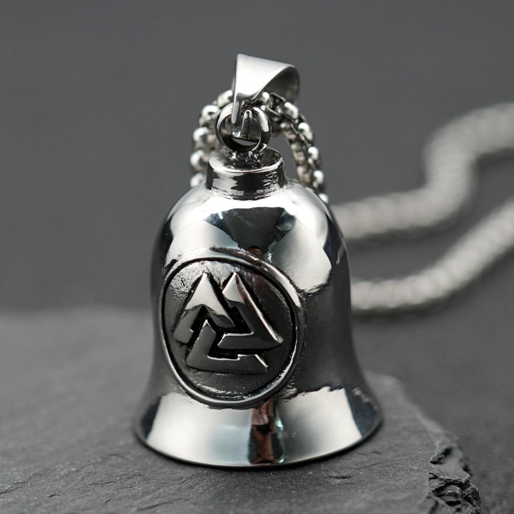 Stainless Steel Viking Motorcycle Pendant Gothic Punk Biker Jewelry for Men with Exorcism Bell