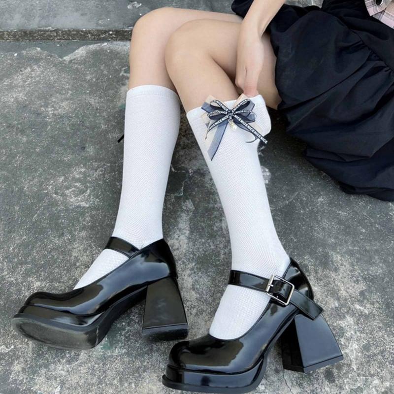 1 Pair Princess Style Dress Socks for Girl Calf Tube Frilly Socks Ballet Socks Ruffle Calf Socks with Bows Lace Top Sock