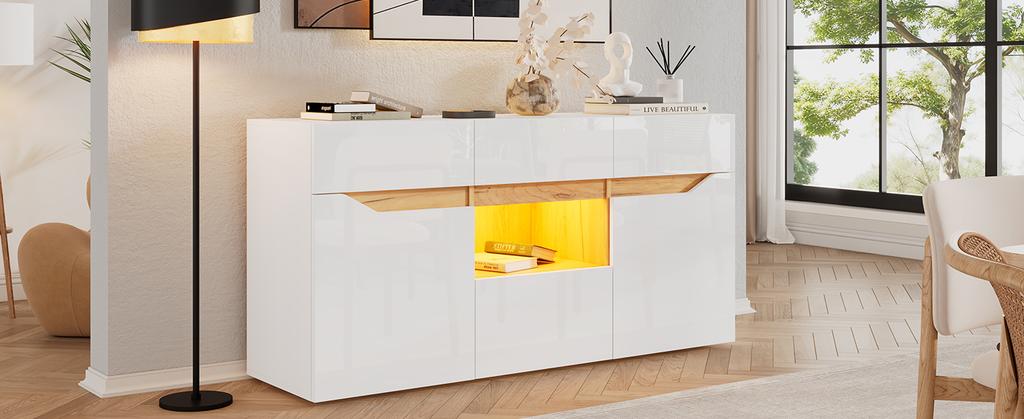 140*40*70cm Wohnzimmer Sideboard mit 4 Schubladen, Schrank mit zwei Fächern, Hochglanz Sofa Beistellschrank mit LED-Beleuchtung, Weiß + Holzfarbe