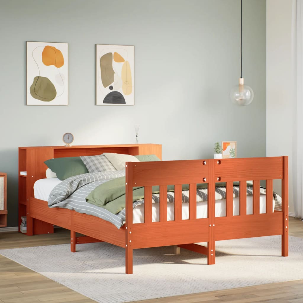 Solid Wood Bed with Shelf Without Mattress Wax Brown 140 X 190 Cm