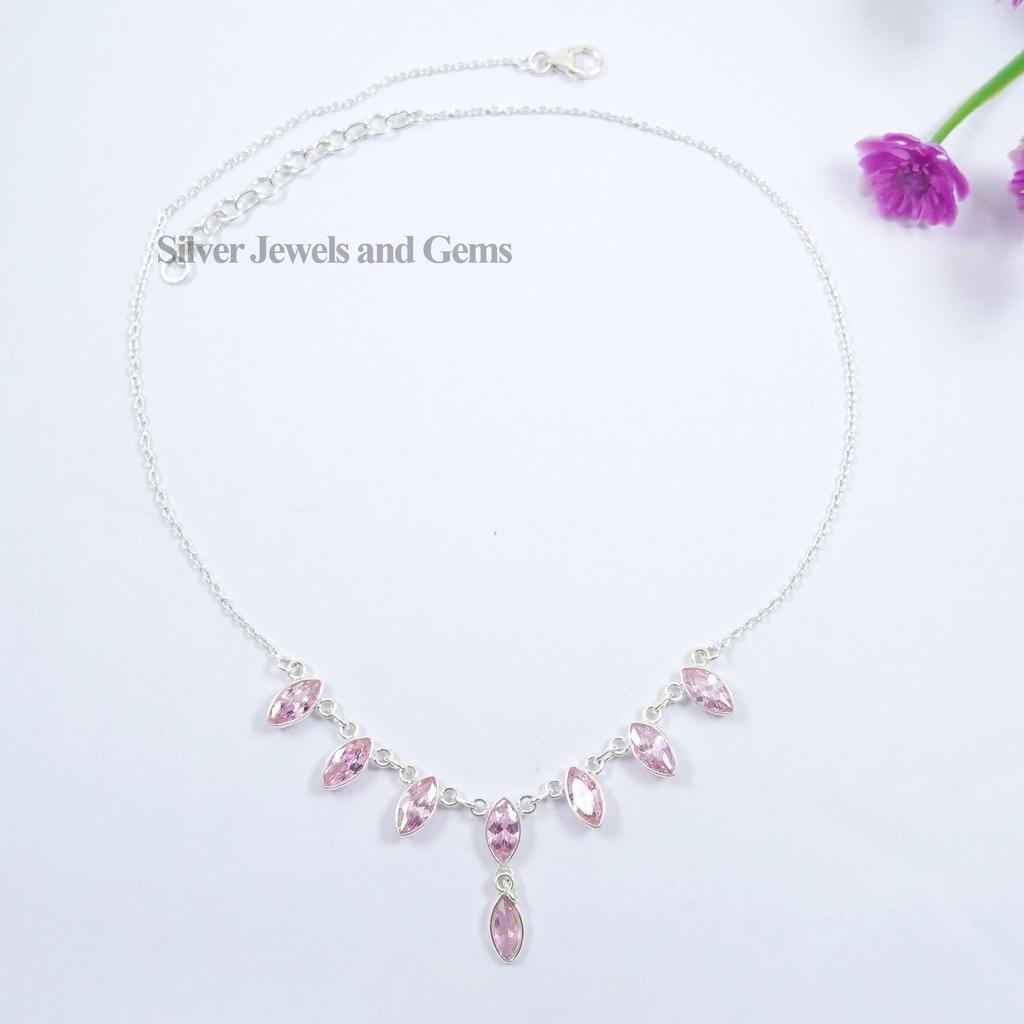 Pink Cubic Zirconia Necklace, Light Weight Necklace, Gift for Wife, Multi Stone Necklace, 925 Sterling Silver Necklace, Pink CZ Necklace