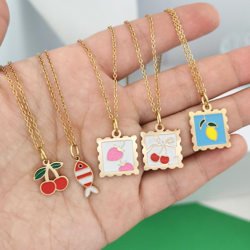 QMHJE Pendant Necklace Women Stainless Steel Strawberry Cherry Fish Lemon Slim Chain Choker Gold Waterproof