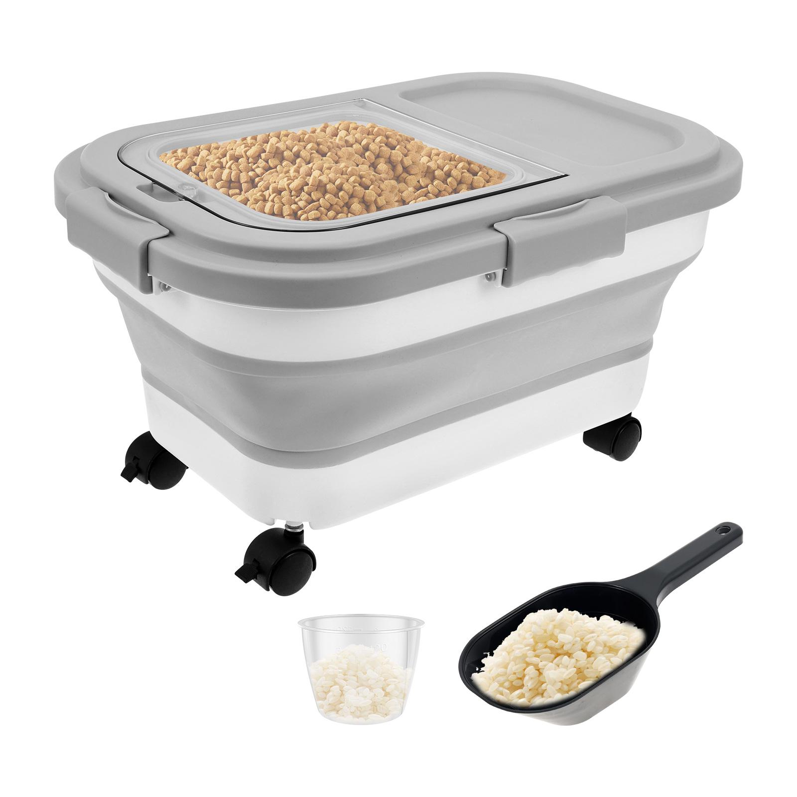 

Foldable Cat Dog Food Storage Container Airtight Pet Food Barrel with Wheels Measuring Cup and Scoop for Flour Cereal Rice Grain серый