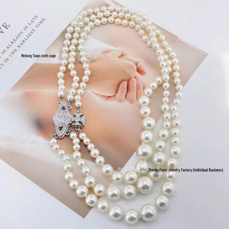 Empress Cixi Pearl Necklace: Three-Layer Magnetic Buckle in French Retro Style