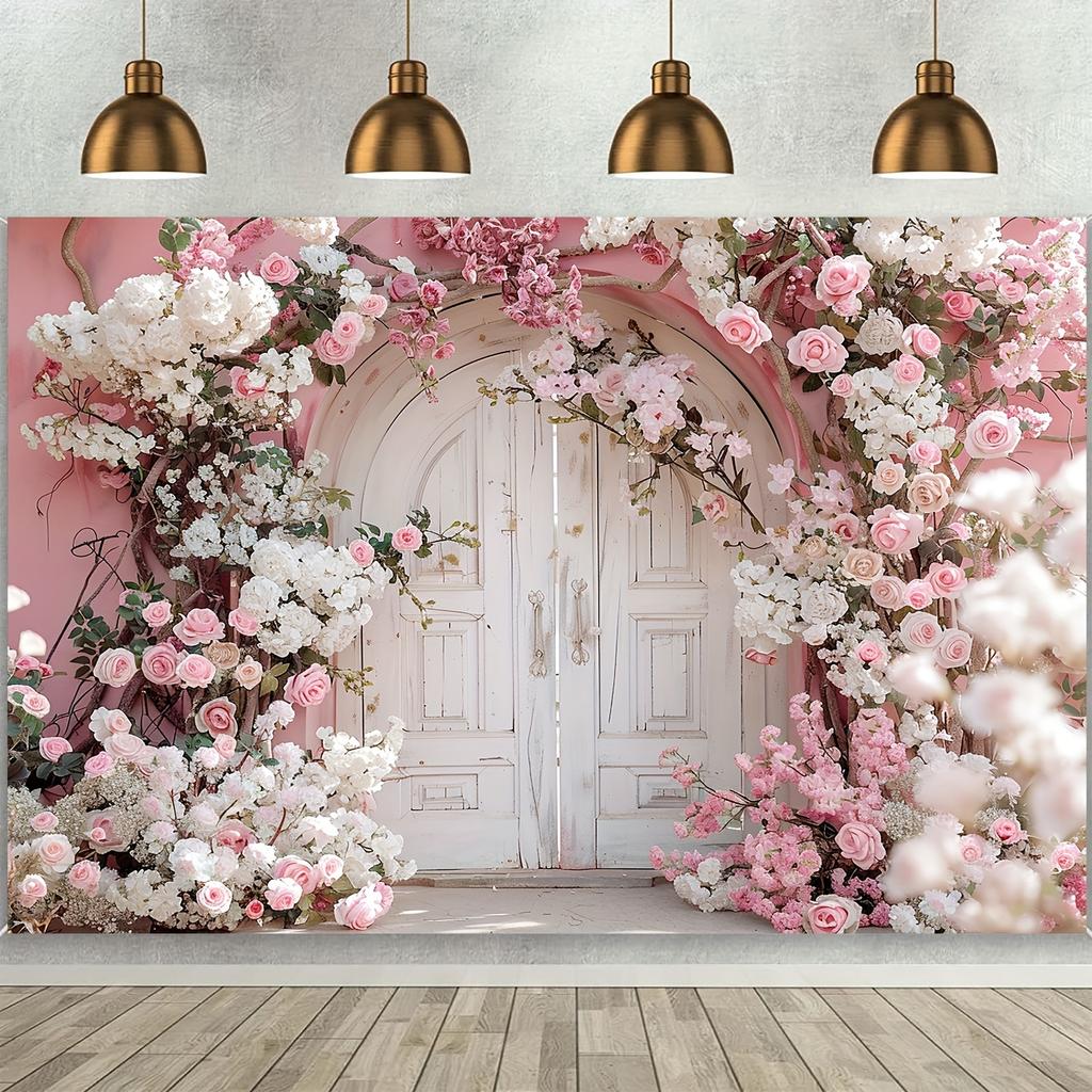 Mehrzweck-Polyester-Fotohintergrund - romantischer Rosenbogen und weiße Tür