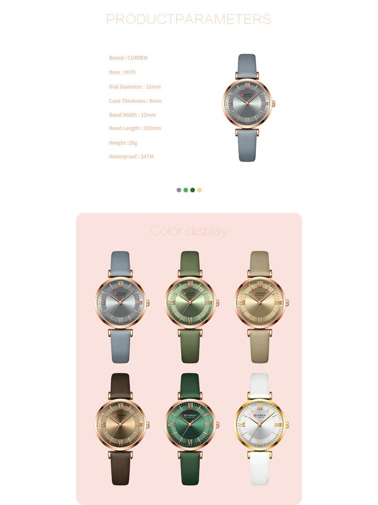 CURREN 9079 Women's Ultra-Thin Leather Strap Watch with Roman Numerals, Small Dial, Waterproof.