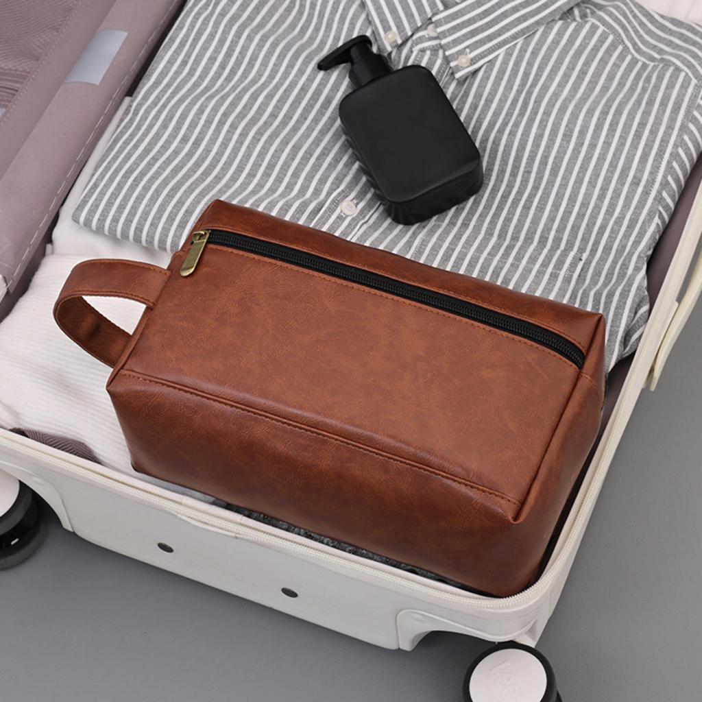 Men Leather Travel Business Shaving Cosmetic Pouch Strorage Bag Portable Toiletry Bag Large Capacity Organizer Handheld Toiletry Kits