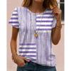 Fashion Women Retro Creative Striped Splicing Print T Shirt Funny Casual O-neck Short Sleeves T-shirt Summer Female Tee Shirt