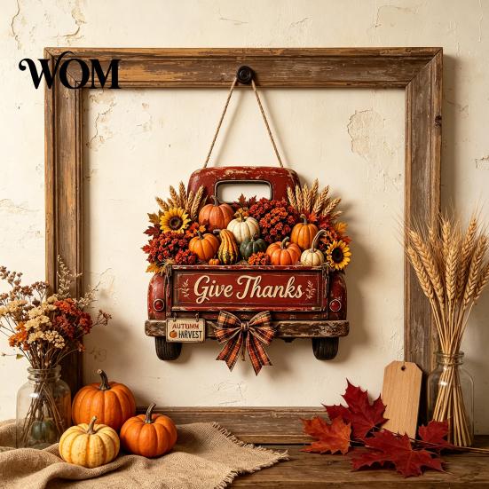 Retro Pickup Truck Decor for Home Harvest Pumpkin Hanging Sign Front Door, Wooden Fall Door with Decorative Holiday Wall Plaque Hemp Rope, Distressed