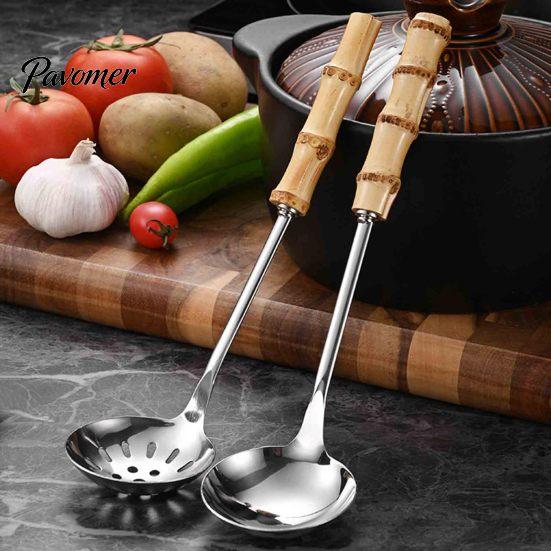 Heat Resistant Bamboo Handle Spoons Stainless Steel Hot Pot Spoon/Colander, Handles Comfortable Grip Soup Spoon, Easy Cleaning Mirror Polished Serving
